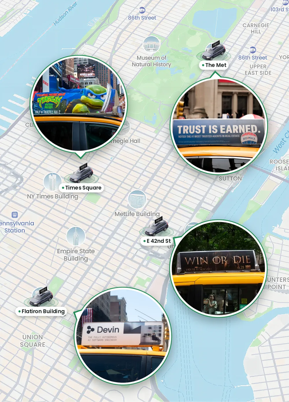 Map of Manhattan with Firefly Icons spotted near The MET, Times Square, East 42nd Street and the Flatiron Building