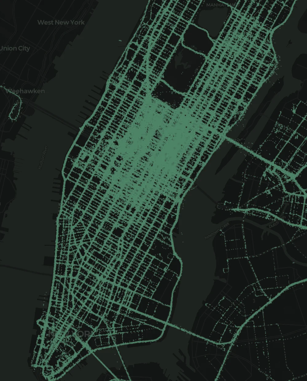 Route map of Manhattan densely covered in green Firefly Icon trip lines